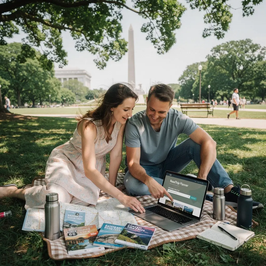 Grupa turystów korzystających z aplikacji do planowania podróży.