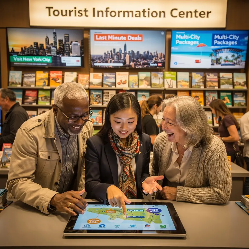 Grupa turystów korzystających z aplikacji do planowania podróży w mieście.